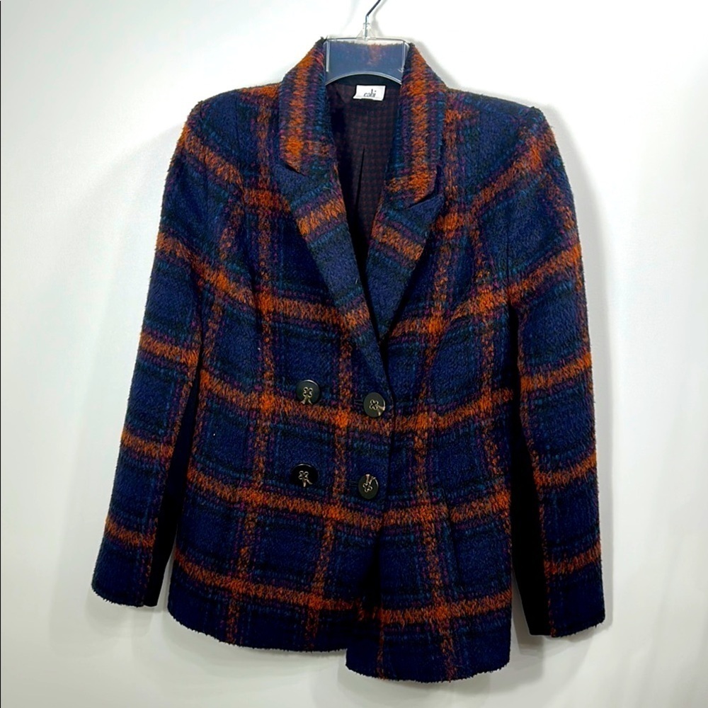 Cabi Checkmate Merry Plaid Navy Orange double breasted wool blend blazer medium